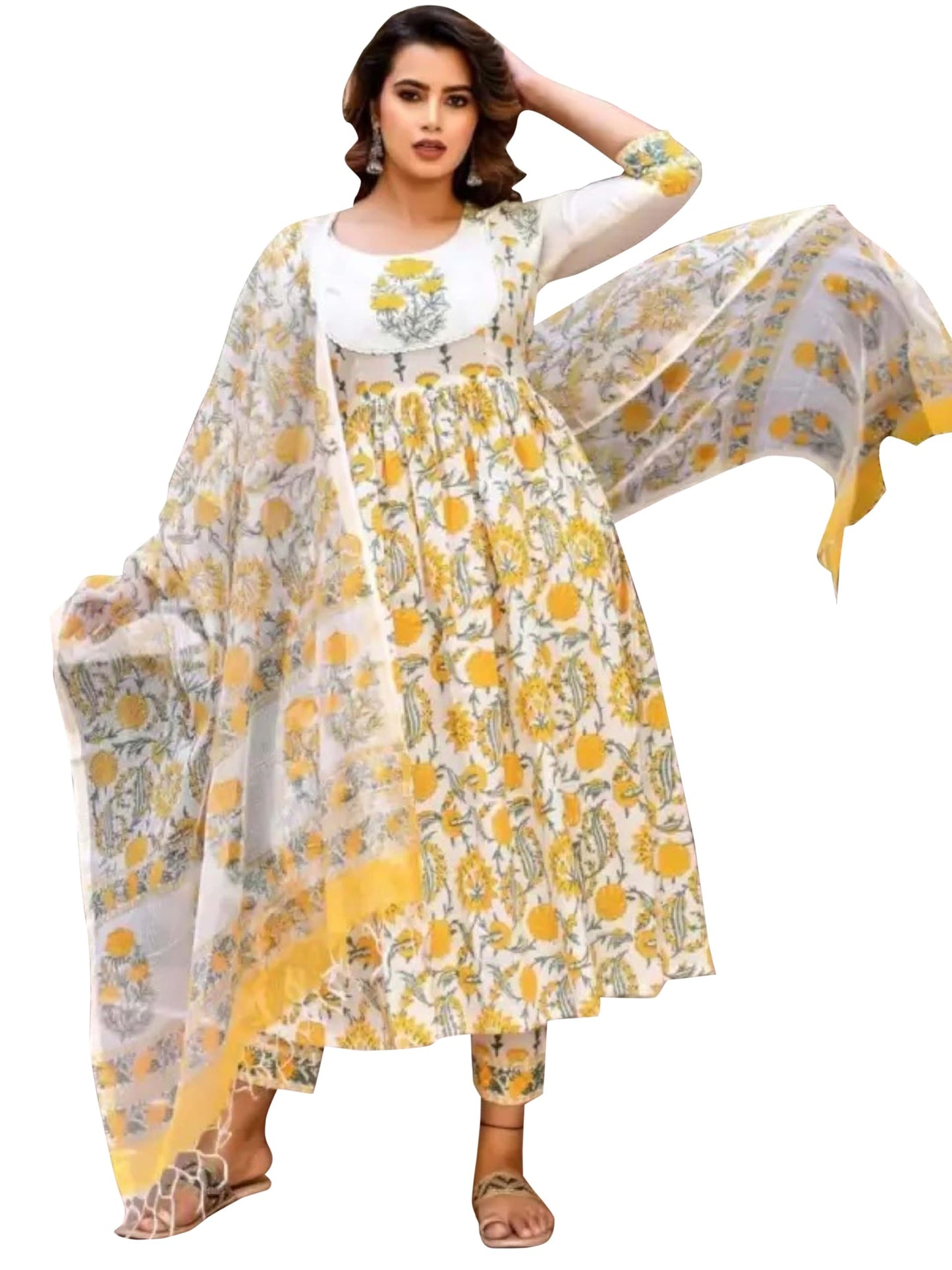 Fashion Basket Women's Cotton Printed White & Yellow Anarkali Kurta with Dupatta