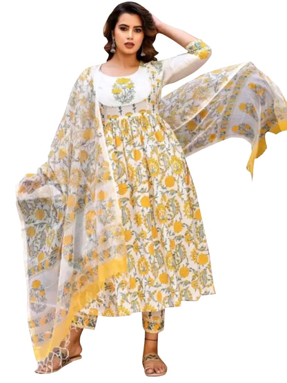 Fashion Basket Women's Cotton Printed White & Yellow Anarkali Kurta with Dupatta