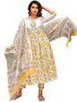 Fashion Basket Women's Cotton Printed White & Yellow Anarkali Kurta with Dupatta