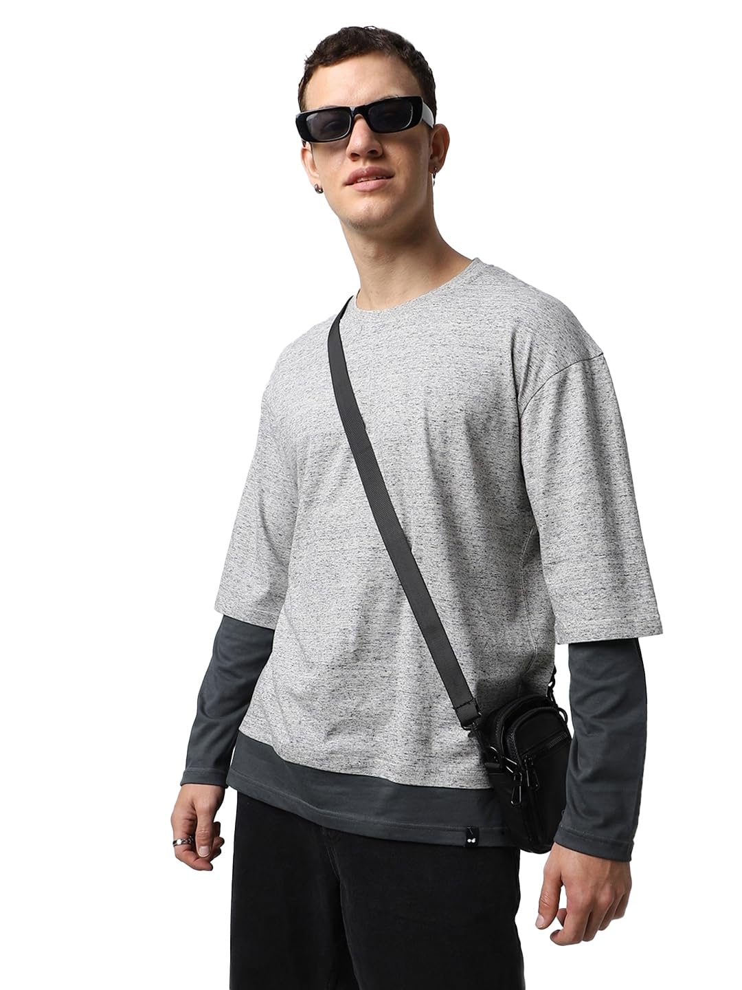 Bewakoof MenS Color Block Oversized Fit Full Sleeve Round Neck Cotton Melange T-Shirt_617075_Beige_S