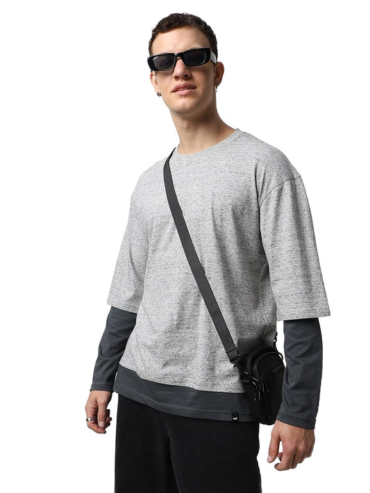 Bewakoof MenS Color Block Oversized Fit Full Sleeve Round Neck Cotton Melange T-Shirt_617075_Beige_S