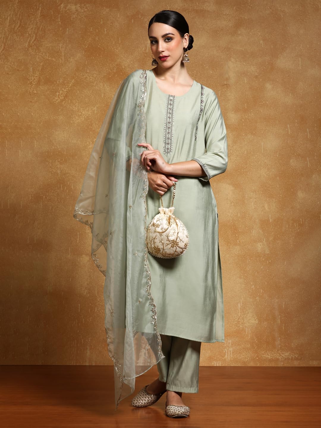 Varanga Women-Thread & Sequin Embroidered Yoke Kurta With Trouser & Scallop Dupatta