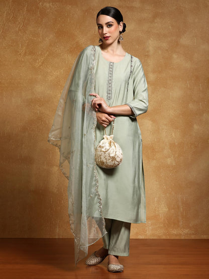 Varanga Women-Thread & Sequin Embroidered Yoke Kurta With Trouser & Scallop Dupatta