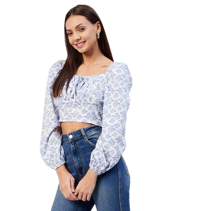 Rare Women Casual White Colour Square Neck Floral Fitted Top
