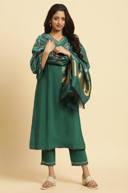 W For Woman Green Solid Kurta, Pants And Jacquard Dupatta (Size: L)-23Auws19528-220336