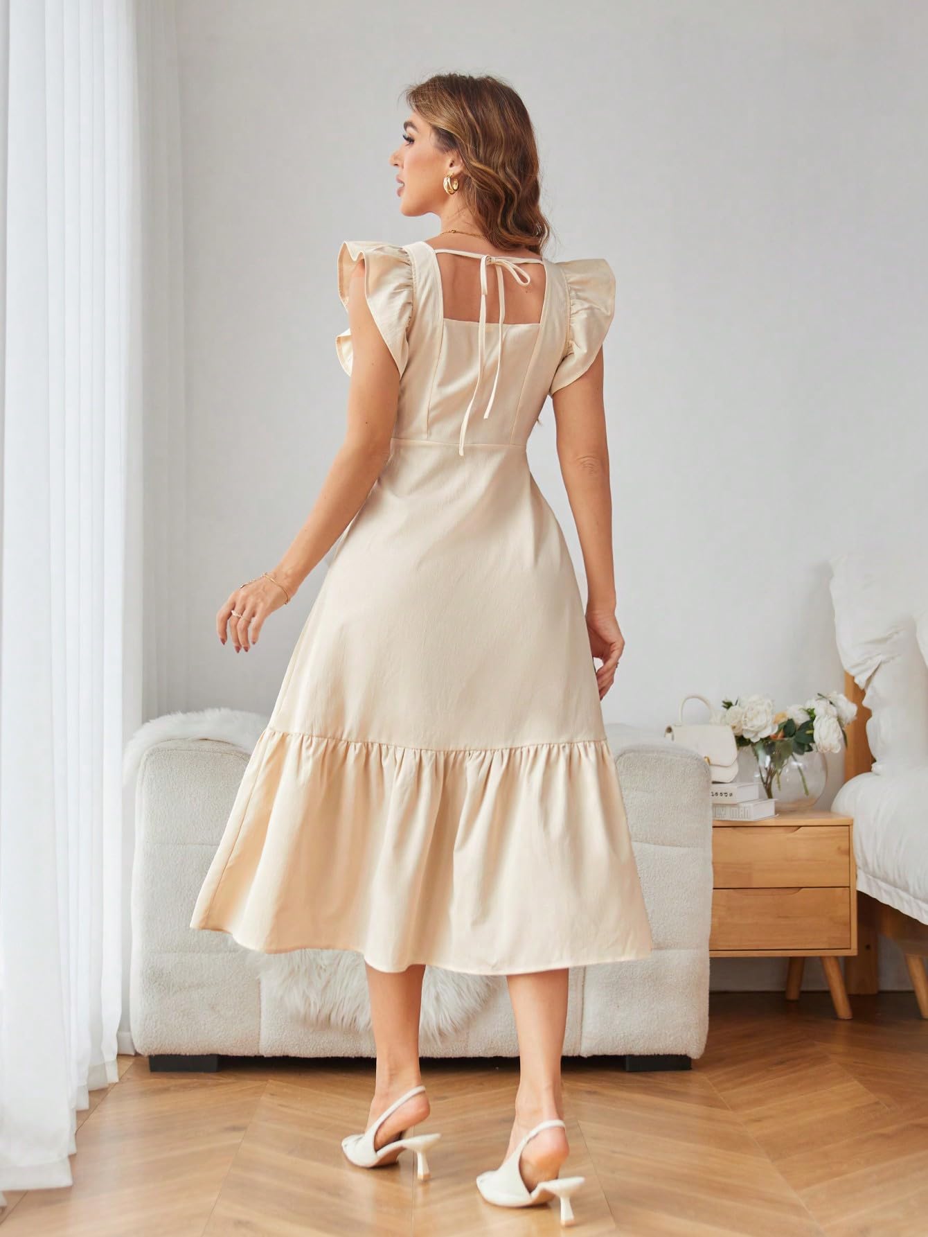 Shasmi GirlS & WomenS Solid Beige Color Square Neck, Ruffle-Trimmed Hem Sleeveless, Ruffle Armhole And Casual Dress With Cinch
