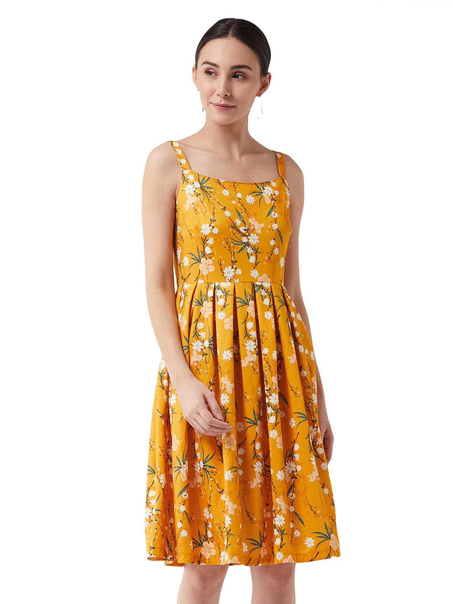 Miss Chase WomenS Mustard Sleeveless Floral Printed Pleated Knee Length Dress (Mcaw21D14-86-207-03,Multicolored Base-Mustard,S)