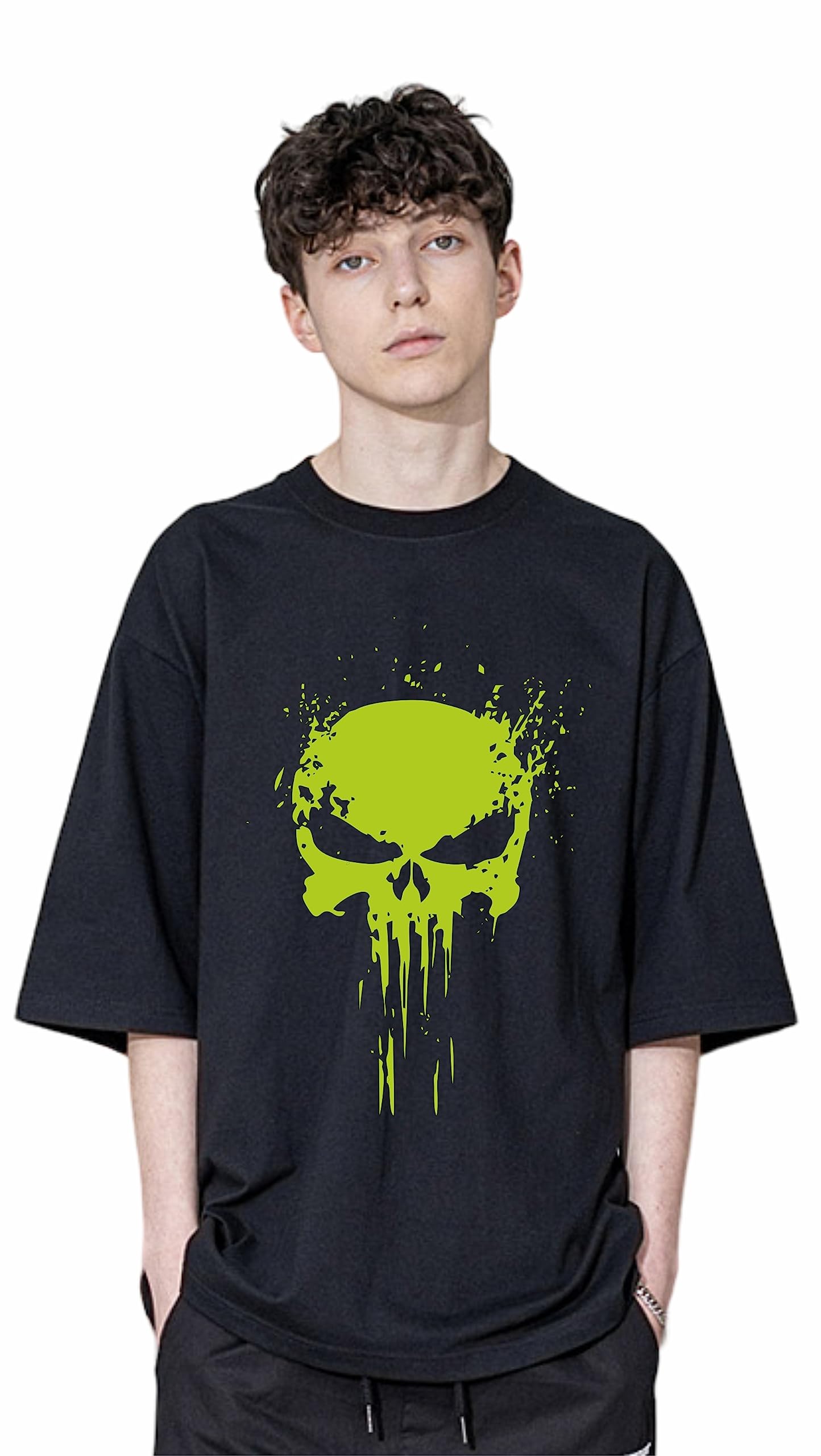 Uniplanet Store Solid Oversize Black Punisher Round Neck Cotton Printed Black T Shirt For Men