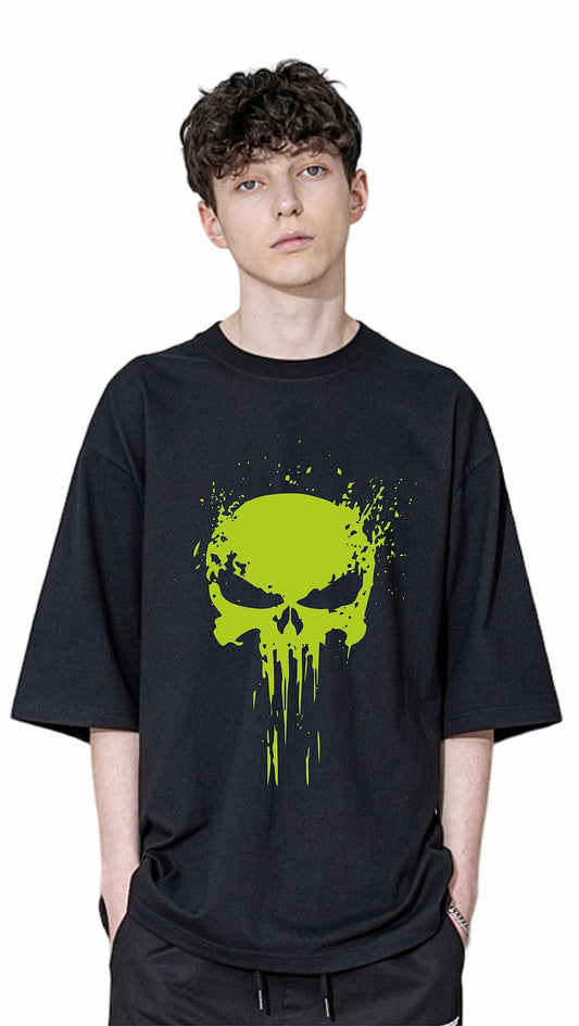 Uniplanet Store Solid Oversize Black Punisher Round Neck Cotton Printed Black T Shirt For Men