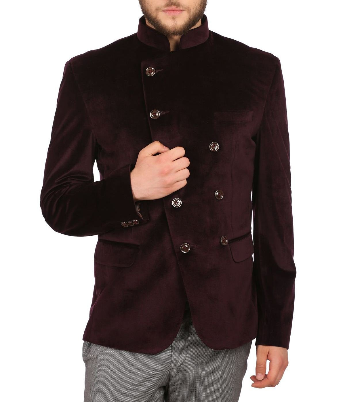 WINTAGE Mens Velvet Grandad Collar Festive Maroon Blazer