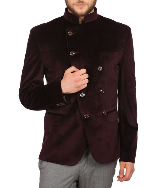 WINTAGE Mens Velvet Grandad Collar Festive Maroon Blazer