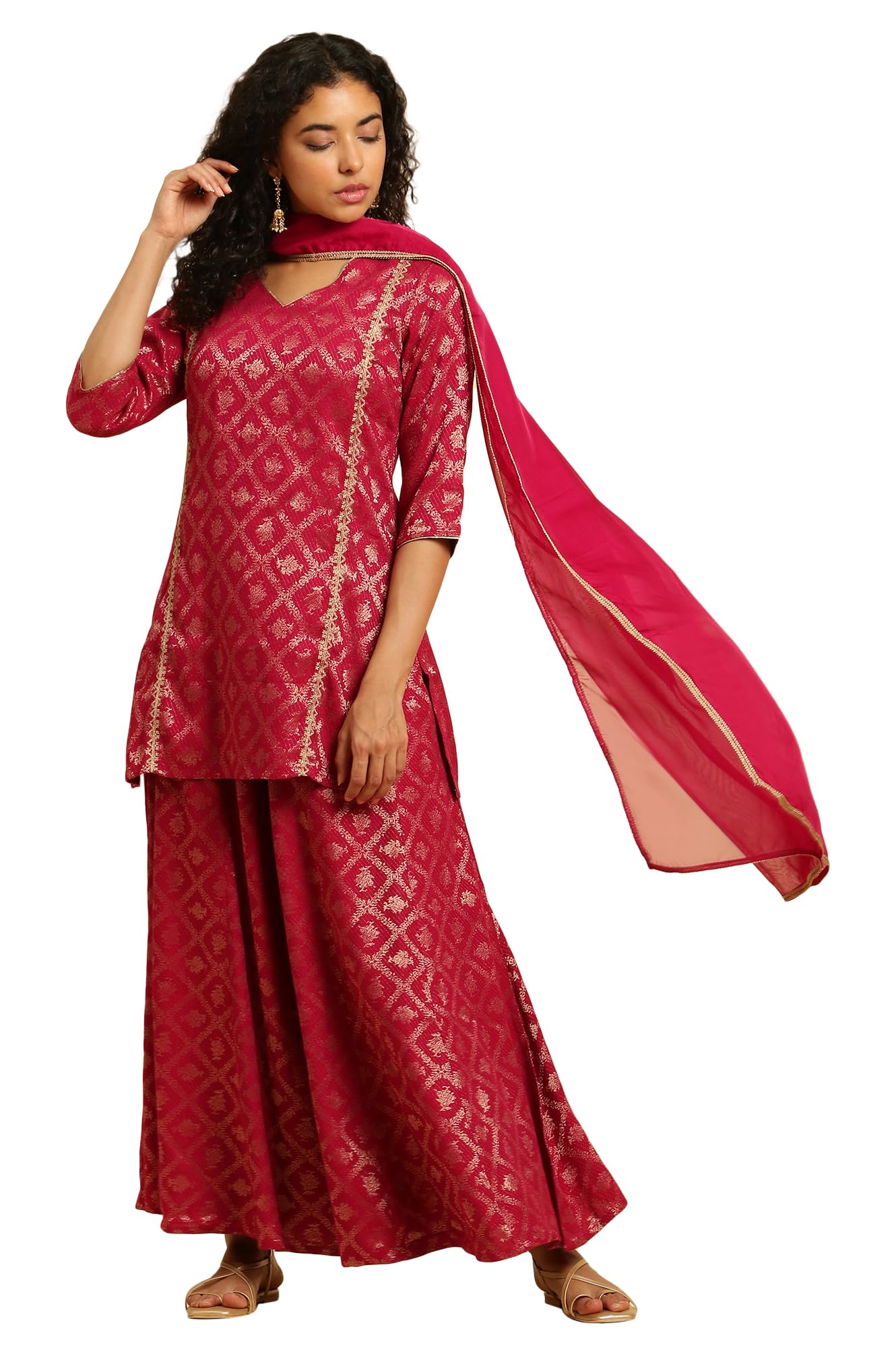 W For Woman Pink Geometric Printed Metallic Embroidered Rayon Kurta Dupatta Bottomwear