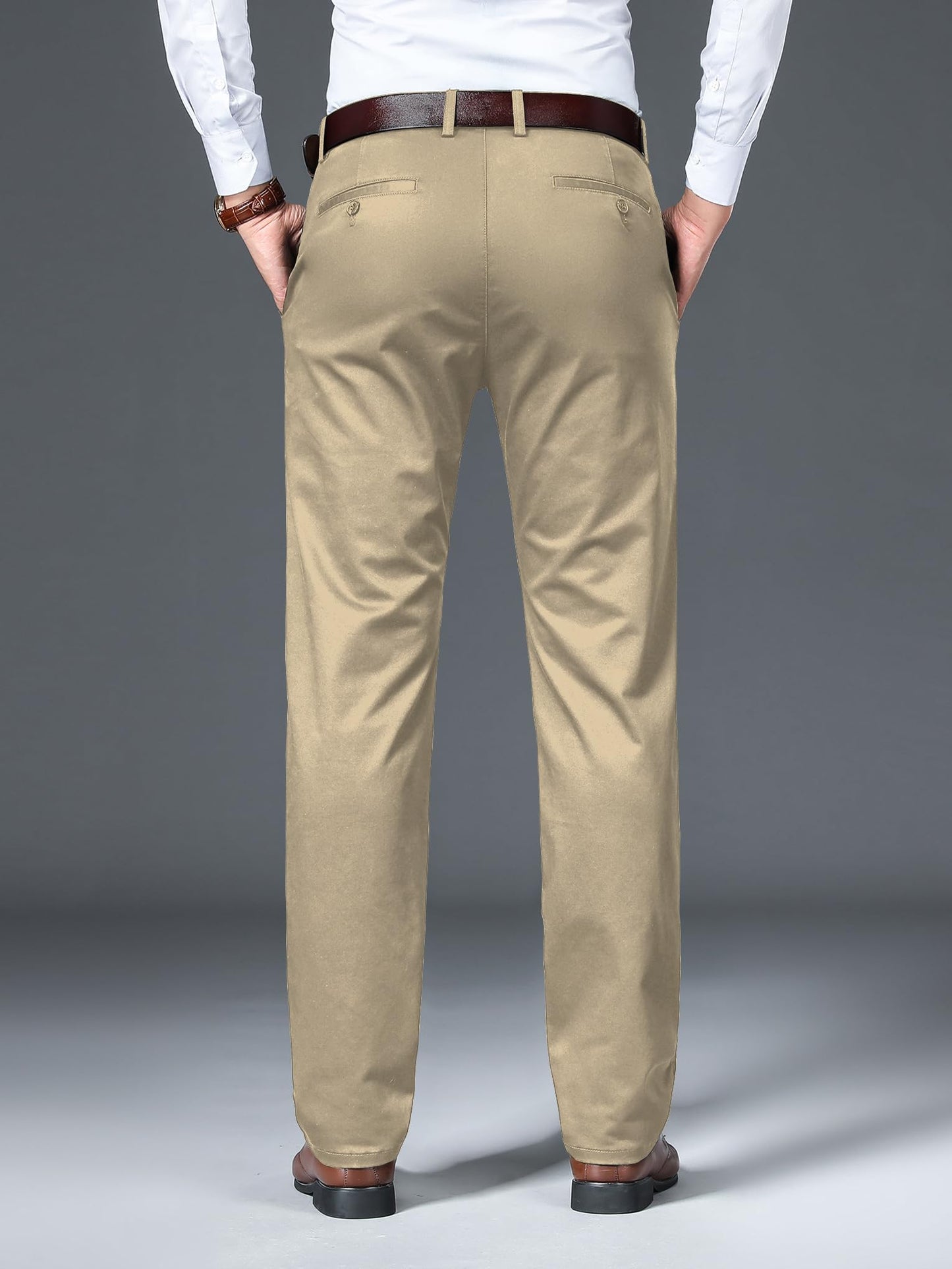 AVANOVA Mens Solid Khakhi Mid Rise Trousers Light Business Style Slightly Stretch Straight Leg Pants for Outdoor Casual Daily T