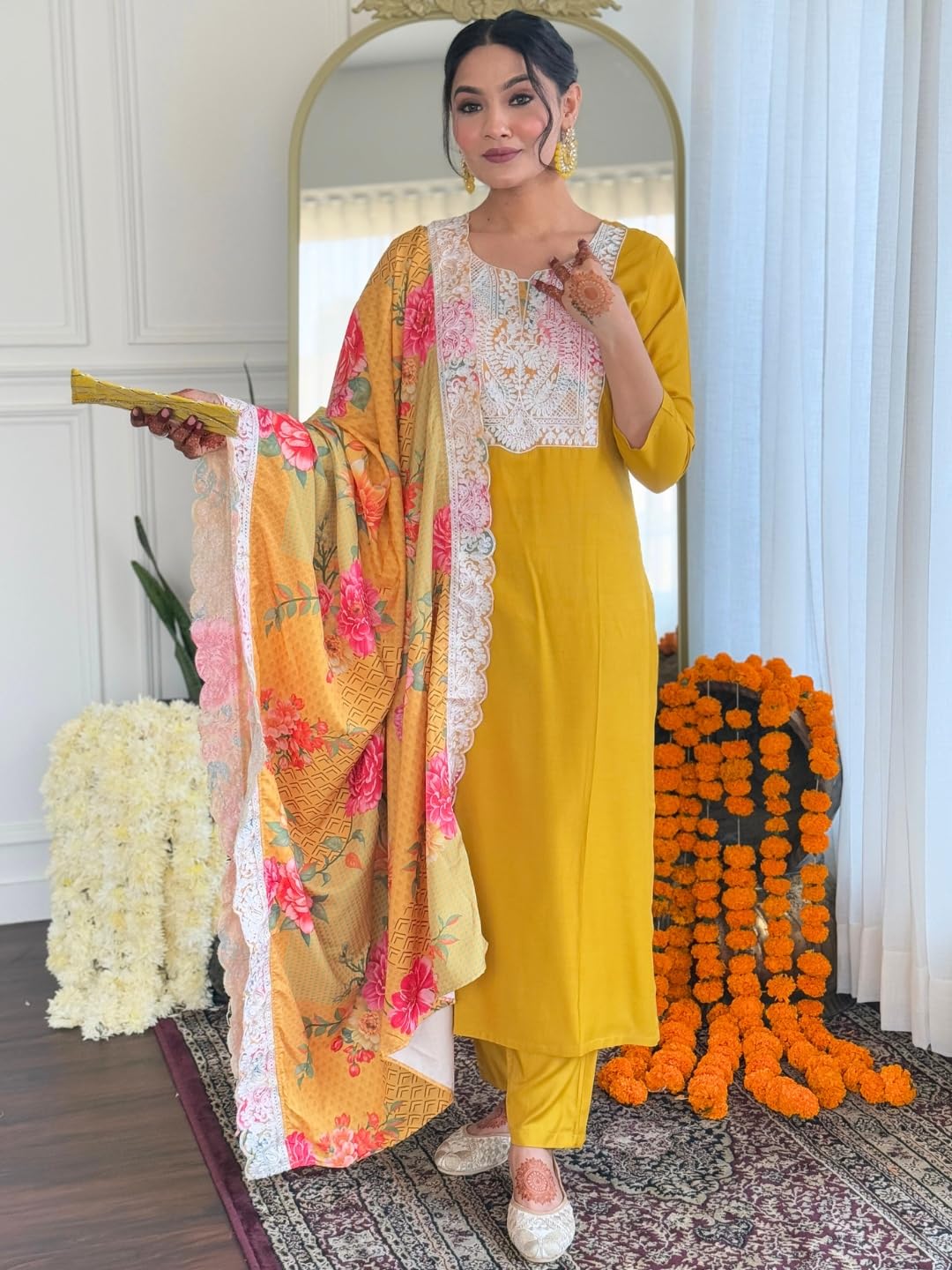 Naixa WomenS Yellow Bsy Viscose Embroidered Flared Kurta With Bsy Viscose Pant And Art Silk Embroidered Laced Dupatta Sets (Nx-