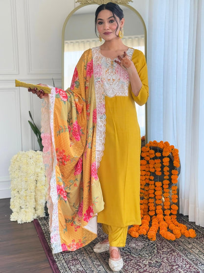 Naixa WomenS Yellow Bsy Viscose Embroidered Flared Kurta With Bsy Viscose Pant And Art Silk Embroidered Laced Dupatta Sets (Nx-
