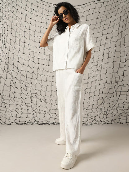 Hubberholme Women Cotton Solid Oversized Fit High-Rise Spread Collar Half Sleeves Co-Ord