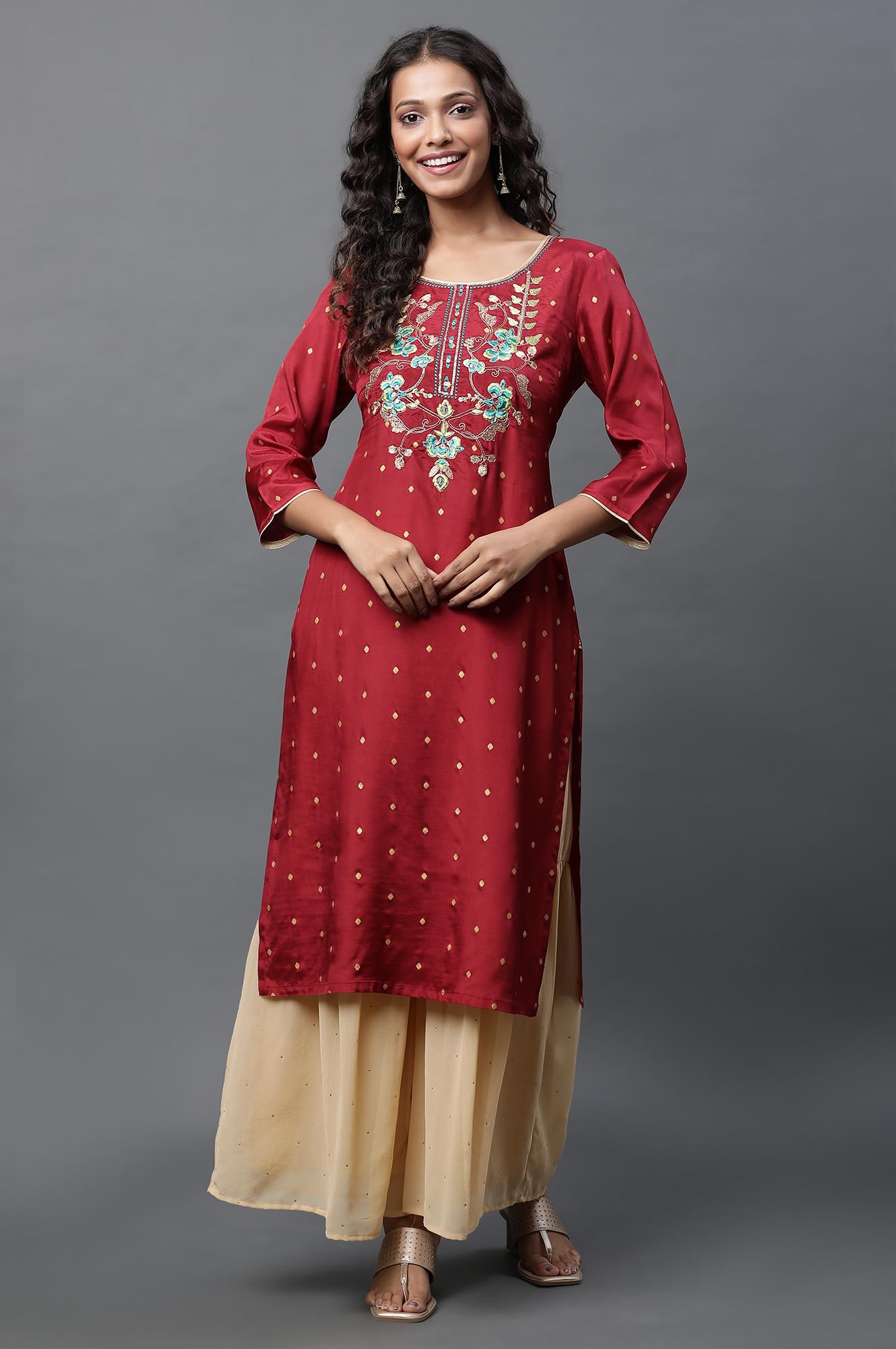Aurelia Red Embroidered Straight Long Kurta