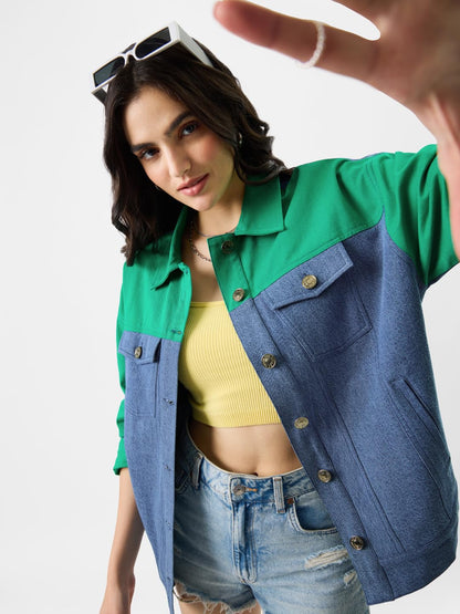 The Souled Store Vivid Green Women and Girls Oversize Fit Full Sleeve Colorblock Cotton Denim Jacket