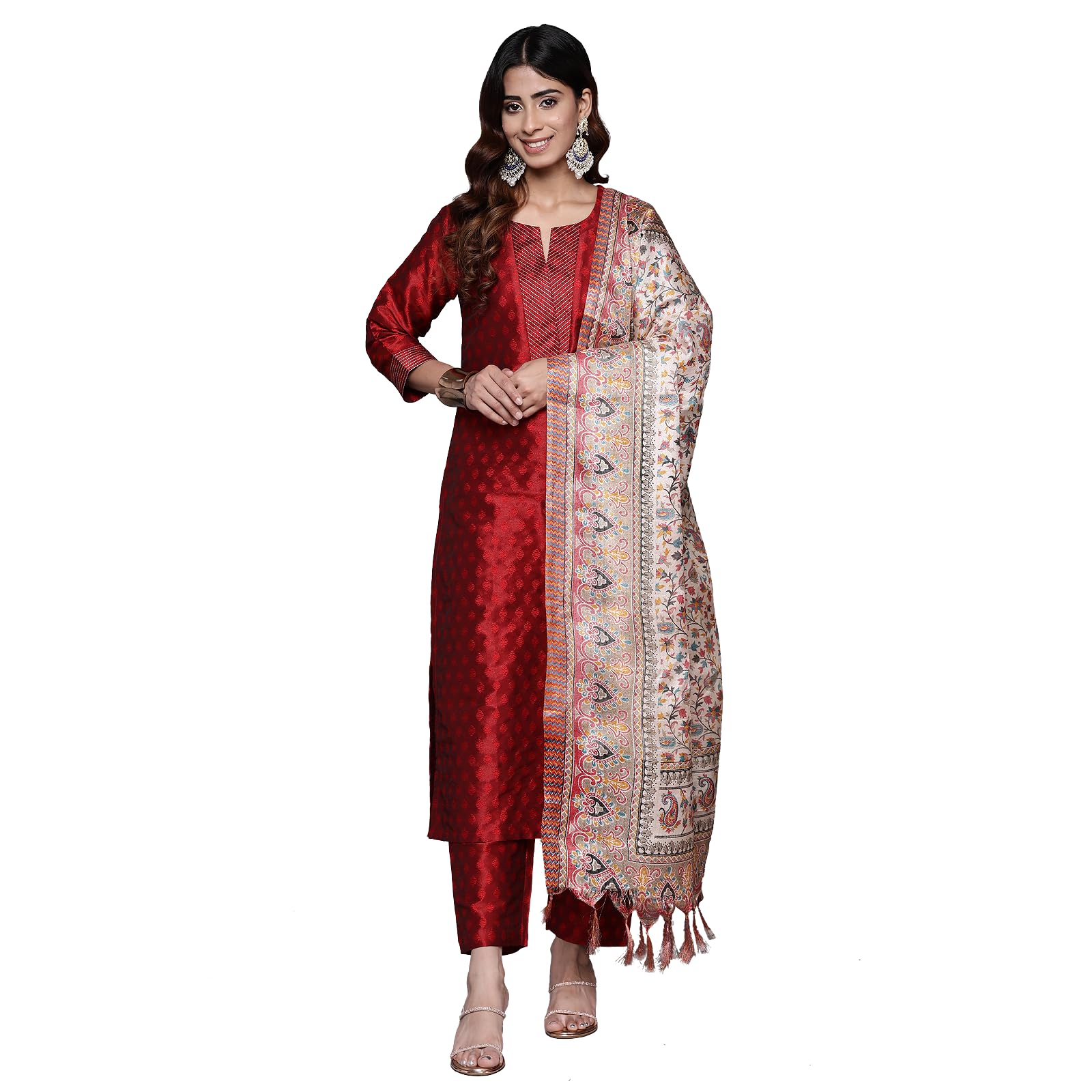 Varanga Women Maroon Woven Zari Embroidered Straight Kurta With Bottom And Dupatta, Round Neck, Zari Work At Placket, Three-Quar