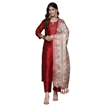 Varanga Women Maroon Woven Zari Embroidered Straight Kurta With Bottom And Dupatta, Round Neck, Zari Work At Placket, Three-Quar