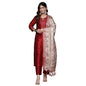 Varanga Women Maroon Woven Zari Embroidered Straight Kurta With Bottom And Dupatta, Round Neck, Zari Work At Placket, Three-Quar