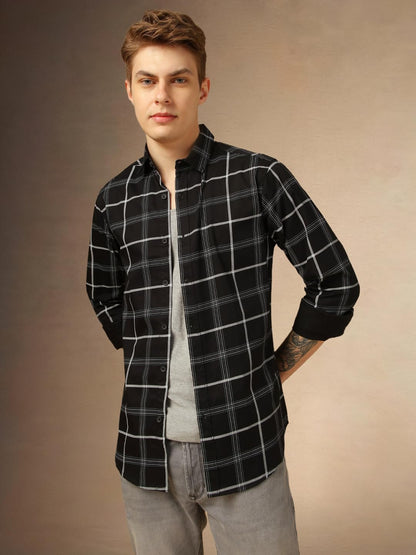 Dennis Lingo Men Slim Fit Cotton Full Sleeves Windowpane Checks Casual Shirts Black