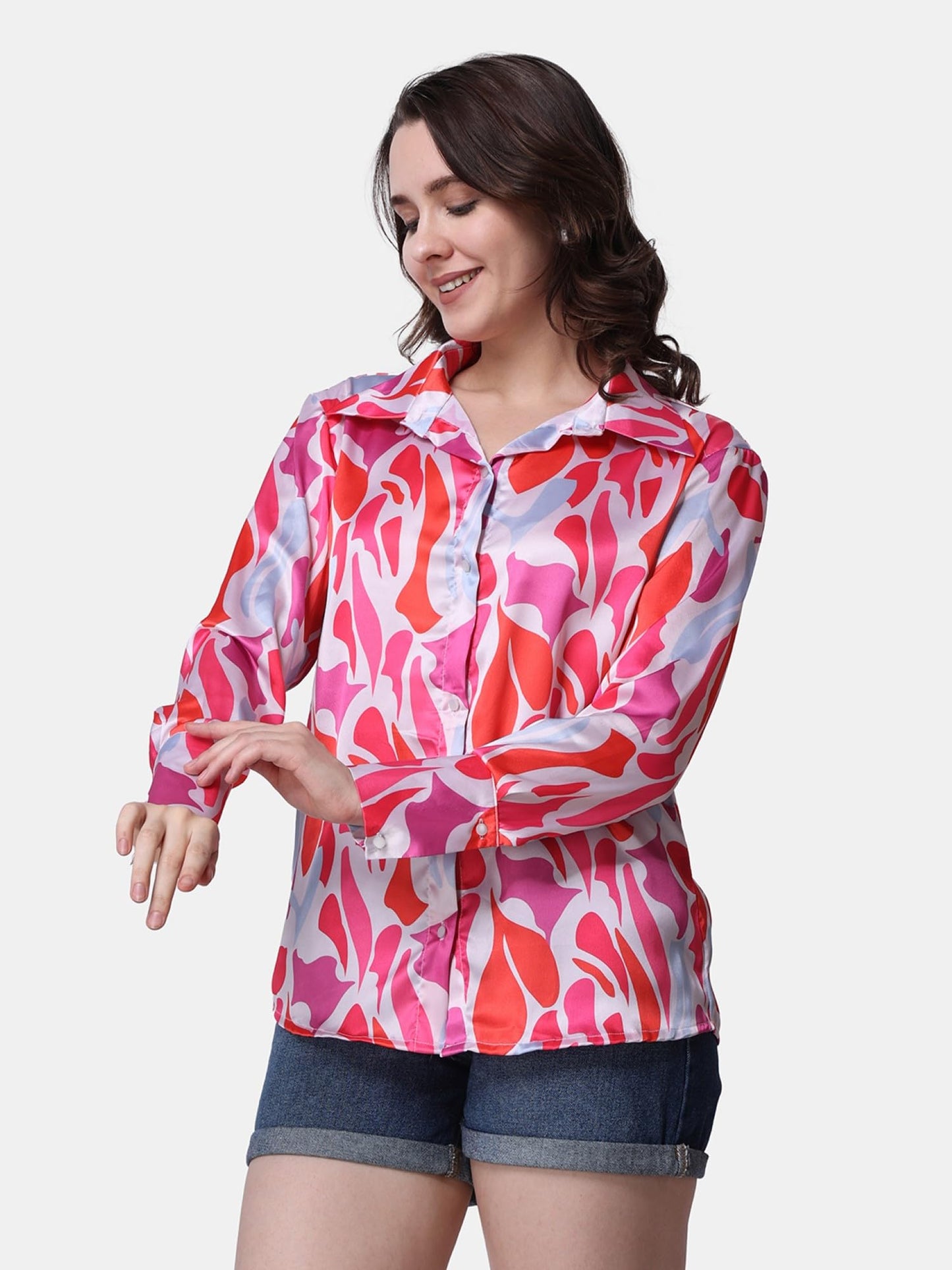 POPWINGS Printed Full-Sleeves Regular-Fit Satin Printed Shirt for Women Stylish Western Casual Wear Pink