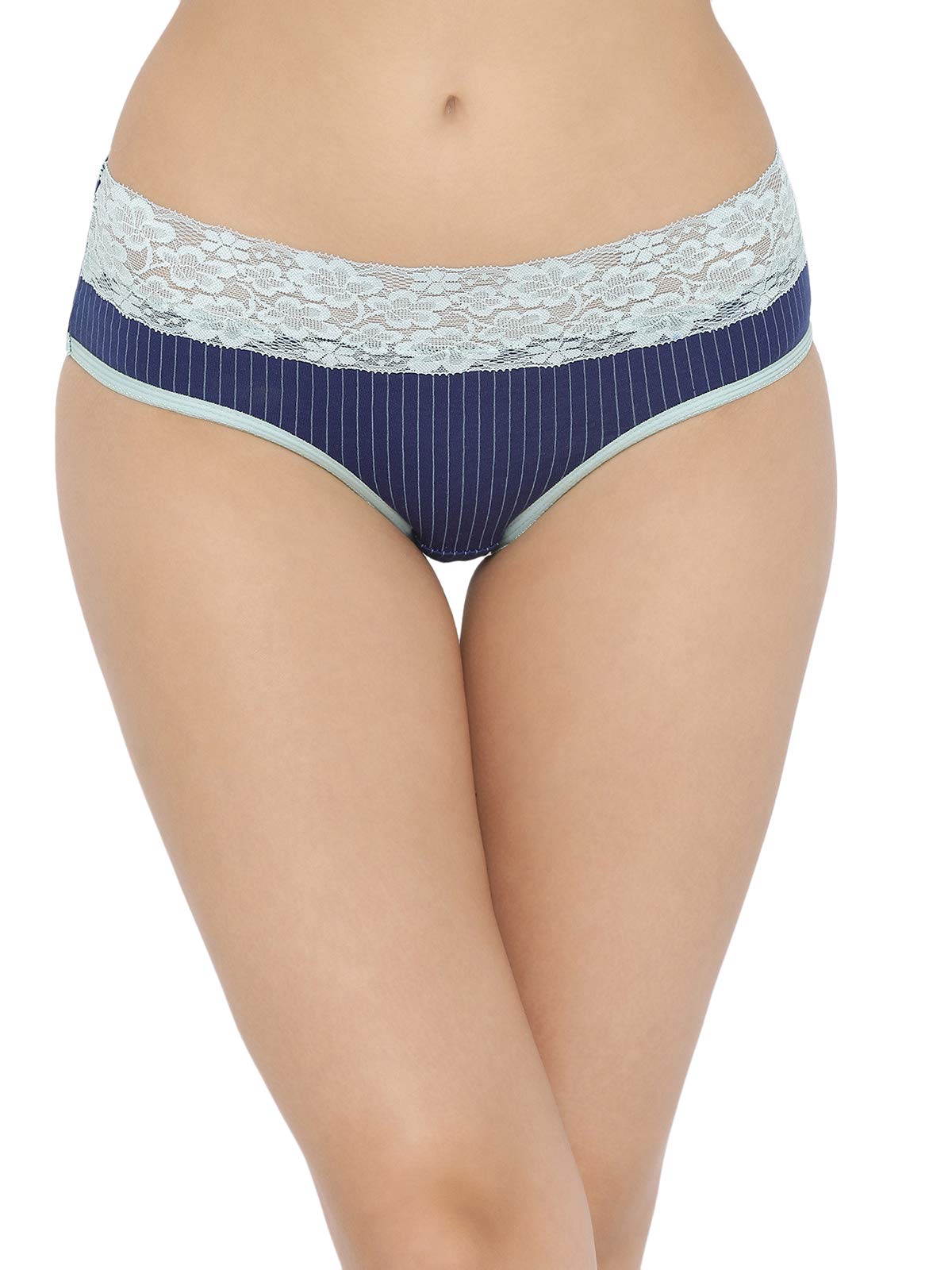 Clovia WomenS Cotton Mid Waist Striped Hipster Panty With Lace Waist (Pn3187P08_Blue_Xxl)