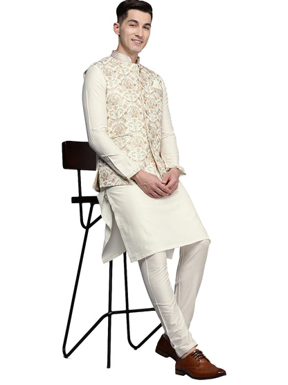 Manyavar Kurta Jacket Set For Men, Full Sleeves Mandarin Collar Ethnic Kurta Jacket Set For Festival, Wedding, Party Blended Vis