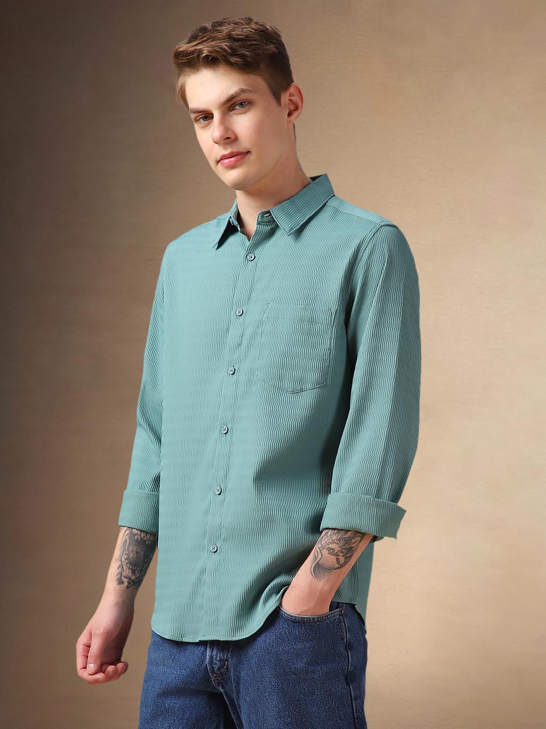 Dennis Lingo Men Blue Solid Rayon Regular Fit Full Sleeve Shirts