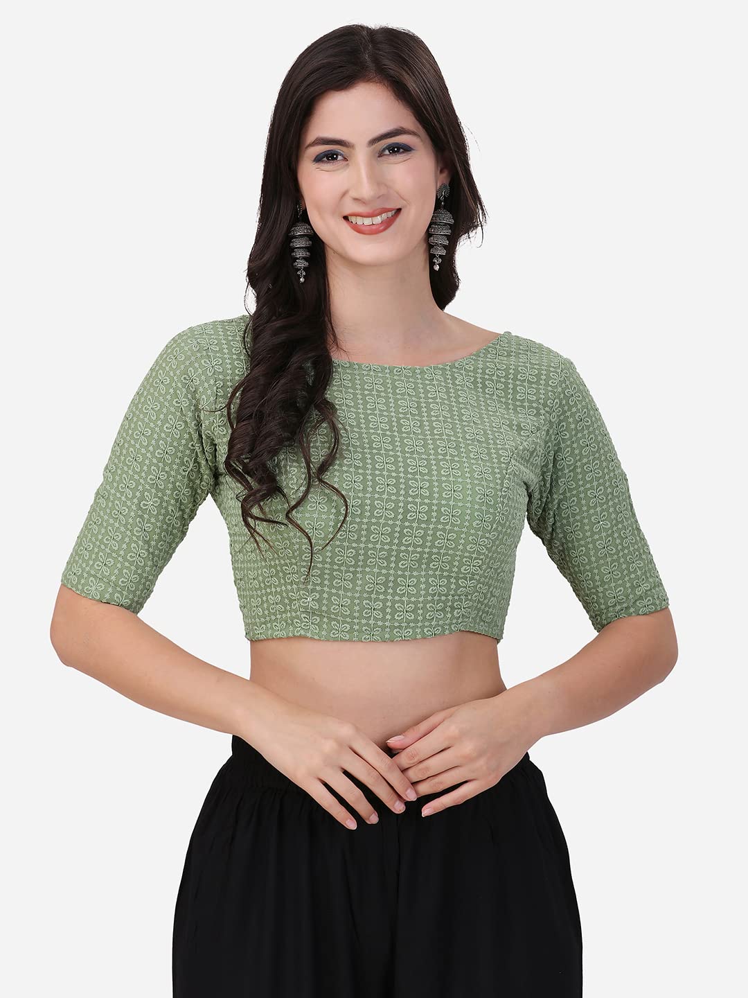 Oomph! Traditional Cotton Schiffli Fabric Blouse For Women |Elbow Length Sleeves | Wedding & Festival Wear | Comfortable & Trend