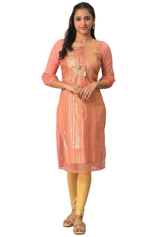 Aurelia WomenS Rayon Floral Regular Peach Sequined Yoke Striped Kurta (23Fea14045-505382