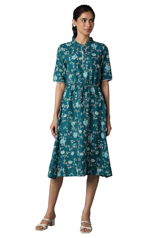 Aurelia Green Floral Printed Shirt Dress For Women