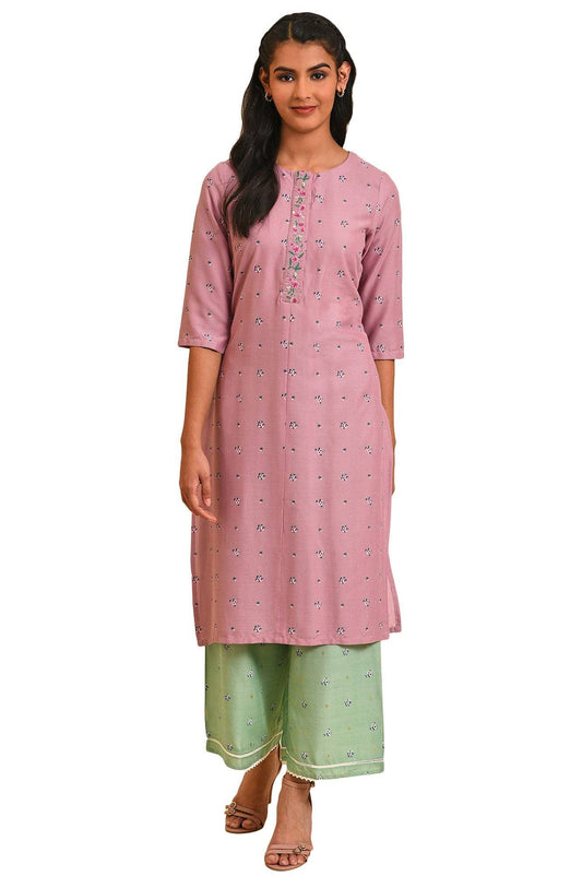 W for Woman Light Purple Printed Kurta with Embroidery