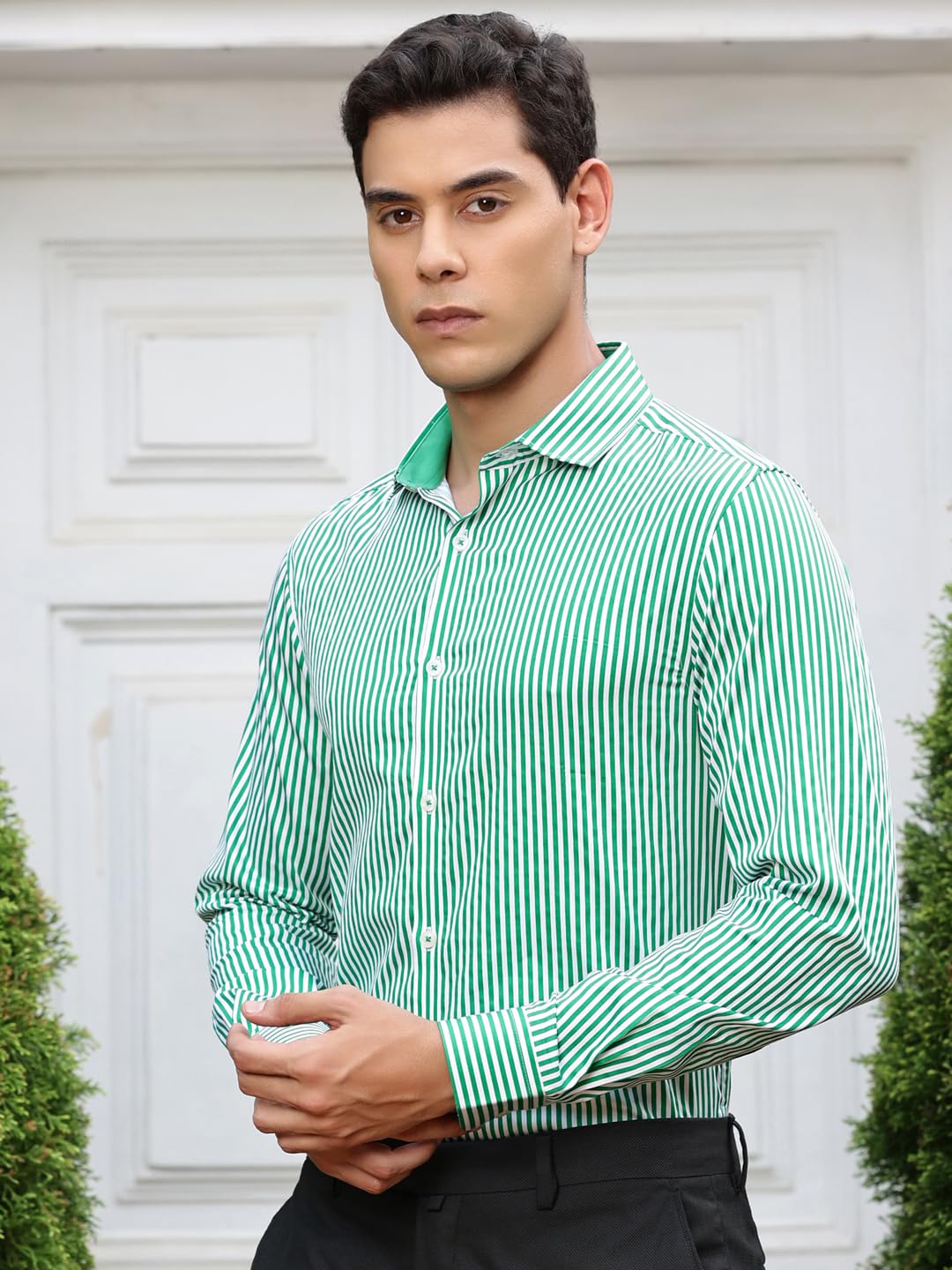 Thomas Scott 100% Cotton Strpes Slim Fit Formal Shirts for Mens Green