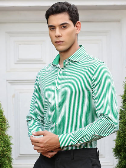 Thomas Scott 100% Cotton Strpes Slim Fit Formal Shirts for Mens Green