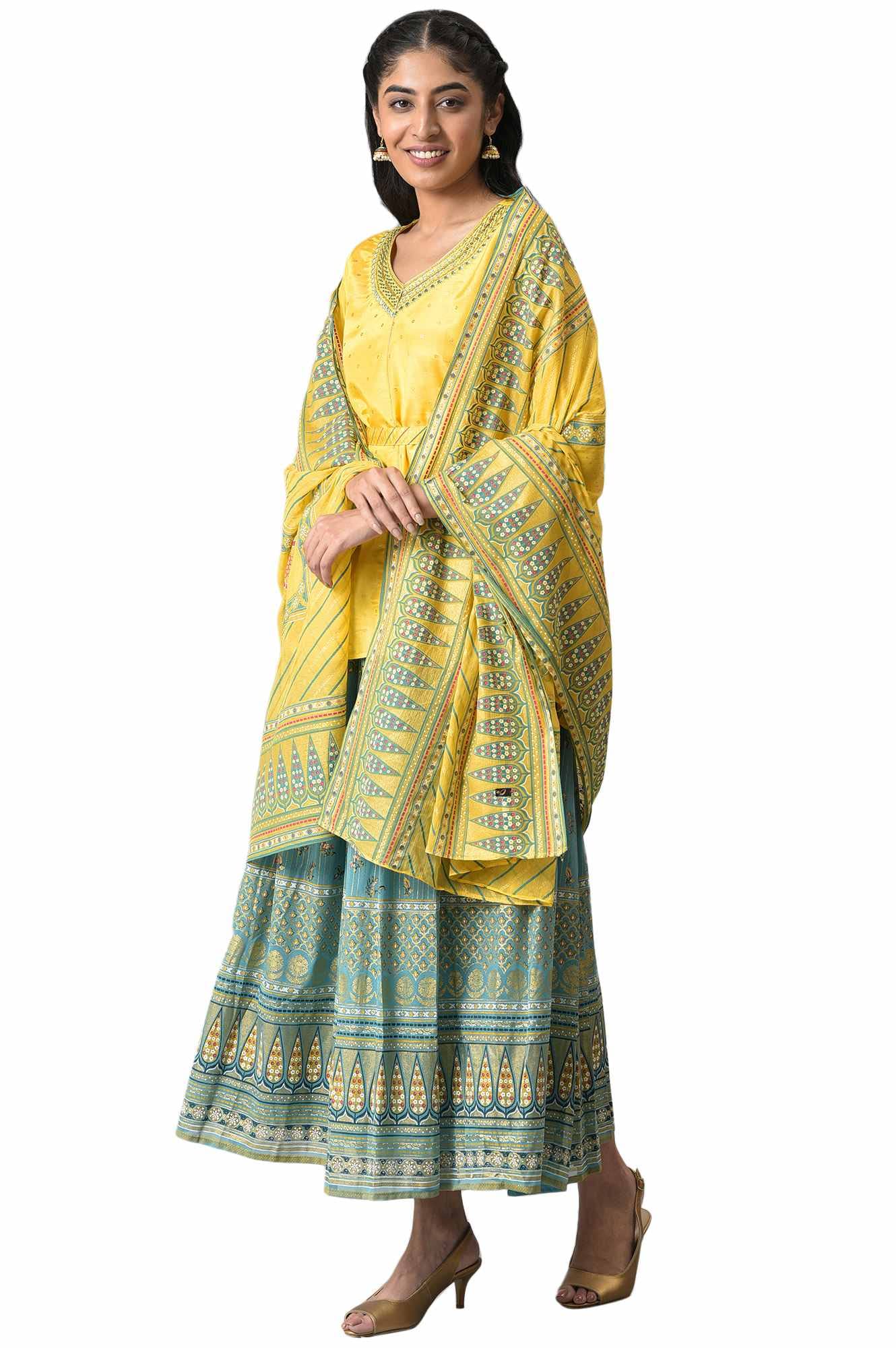 Aurelia Polyester Women Embroidered Kurti Skirt With Dupatta