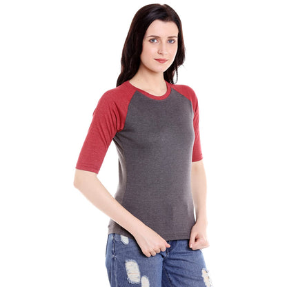 Campus Sutra Womens Red & Charcoal Grey Raglan Sleeve Top for Casual Wear | Crew Neck | Short Sleeve | Poly Cotton Top Crafted