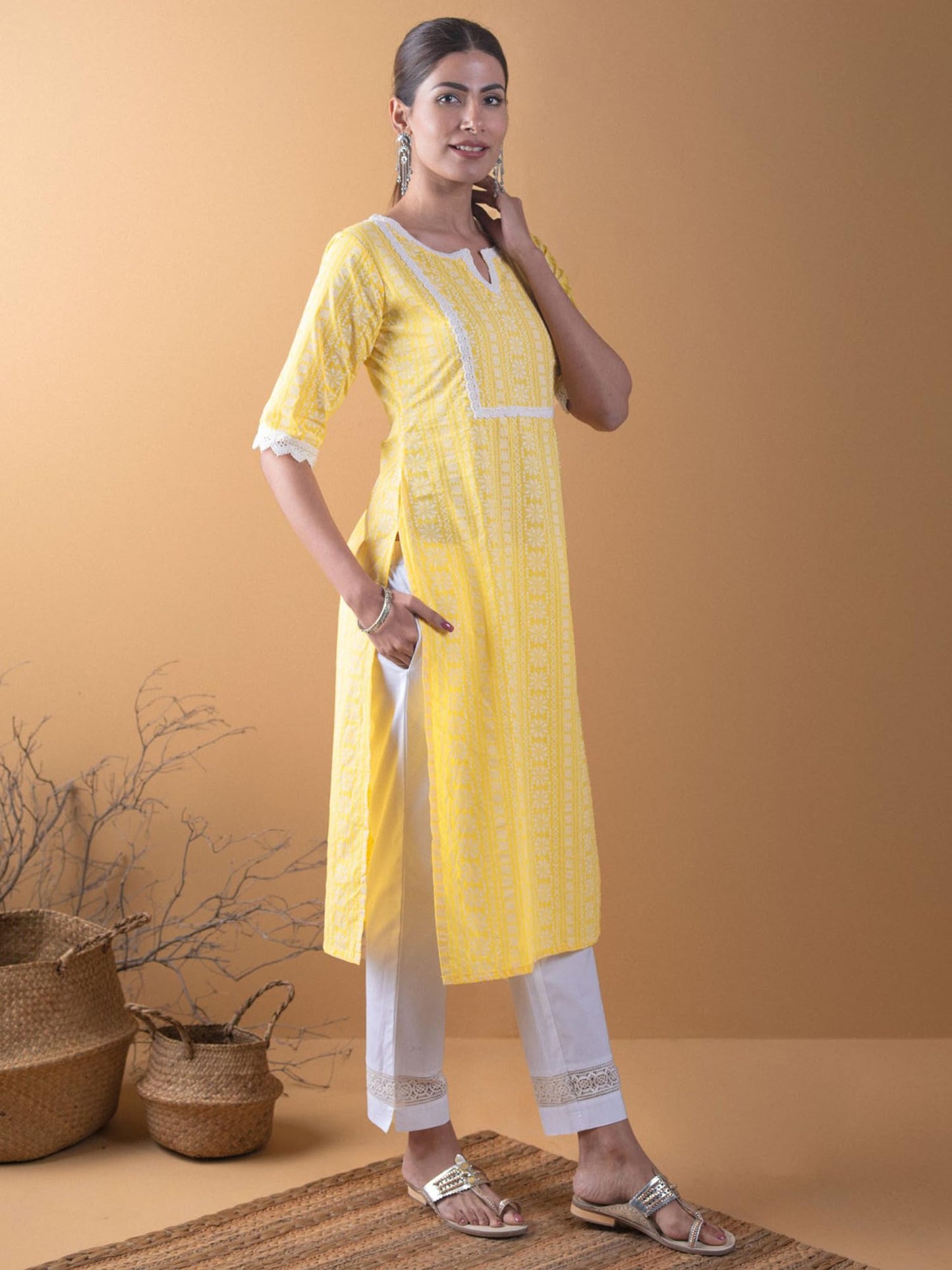 Libas Womens Cotton Straight Kurta (8479MJ_Yellow