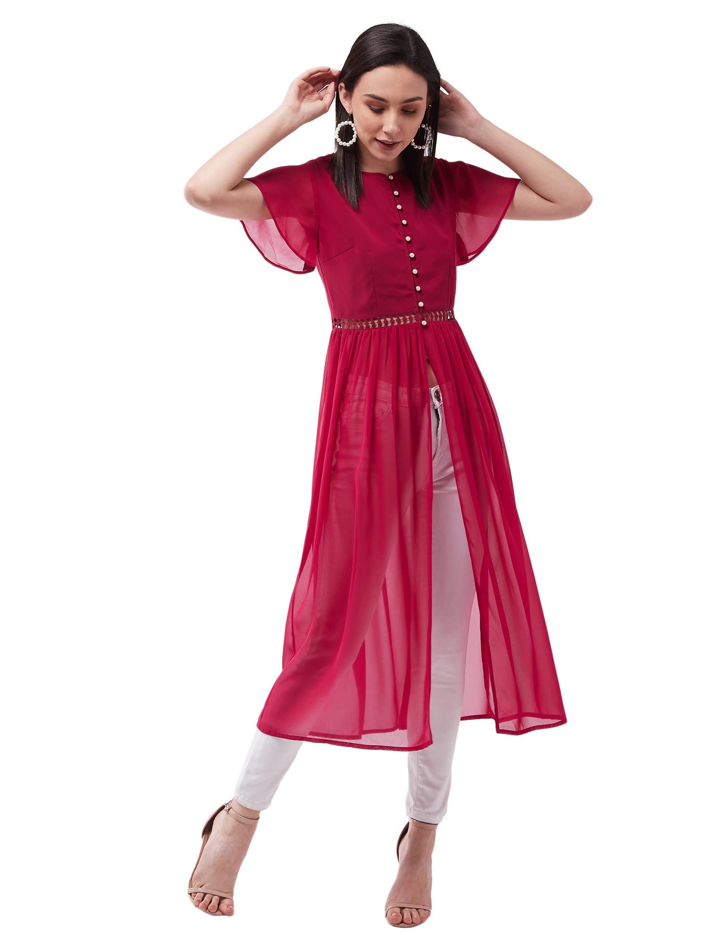 Miss Chase WomenS Dark Pink Round Neck Flared Sleeve Solid Gathered Maxi Top (Mcaw21Tp14-08-23-06,Dark Pink,Xl)