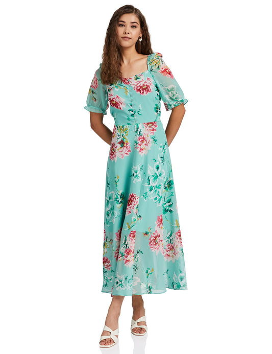 Rare Women'S Georgette Fit And Flare Maxi Casual Dress (Ep6218_Green_X-Small)