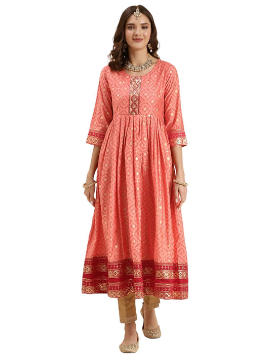 rangita Silk Calf Length Embroidered Anarkali Kurti for Women | Kurta for Women