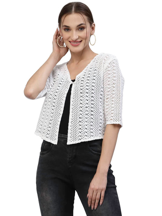 Style Quotient Women Self Design White Cotton lace Regular Smart Casual Shrug