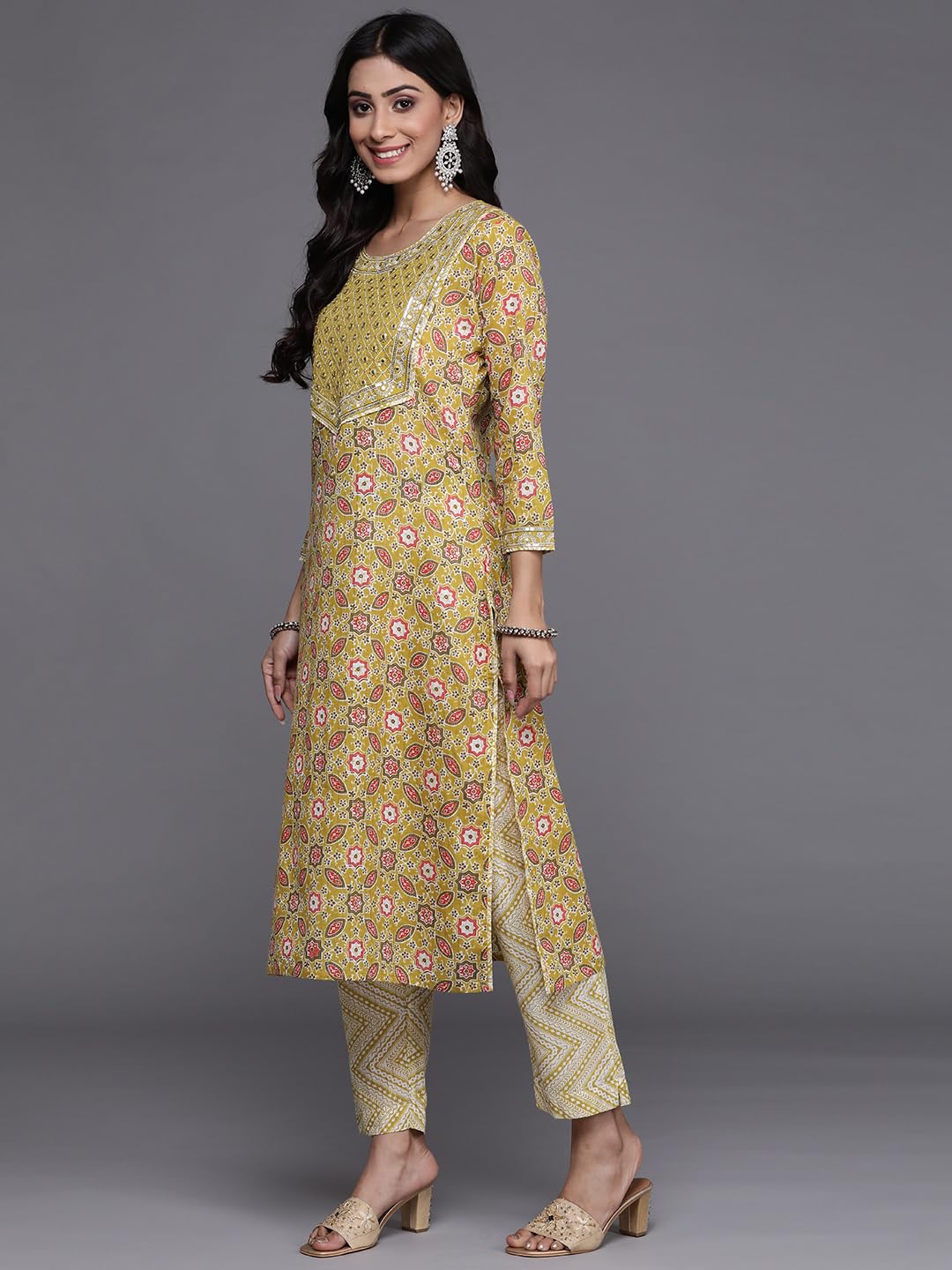 Varanga Women Lime Green Colored Printed Embroidered Kurta with Straight Pant and Dupatta