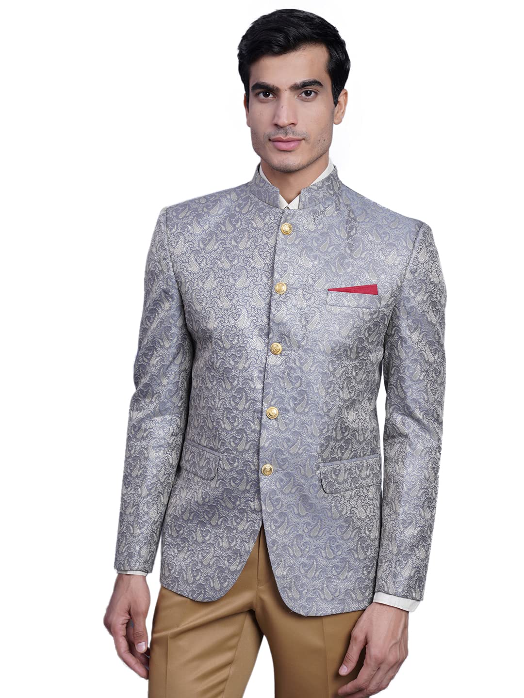 WINTAGE Mens Banarasi Rayon Cotton Festive and Casual Bandhgala Jodhpuri Blazer : Grey
