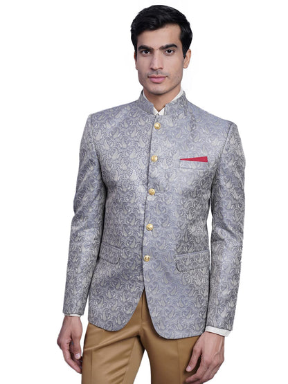 WINTAGE Mens Banarasi Rayon Cotton Festive and Casual Bandhgala Jodhpuri Blazer : Grey