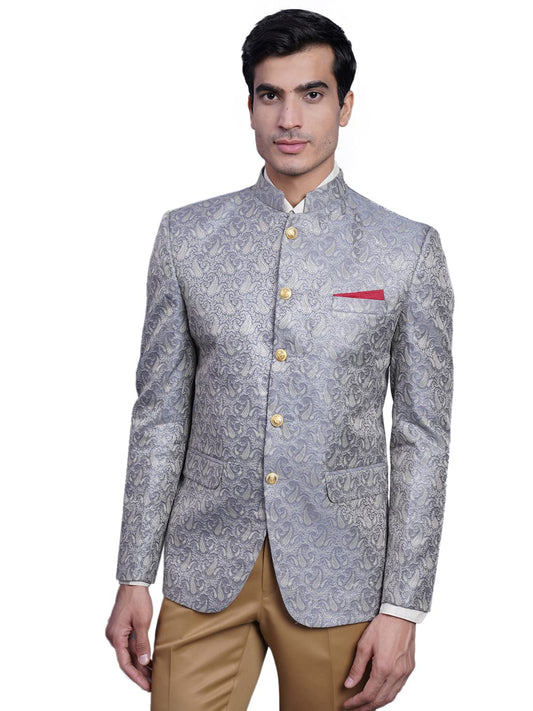 WINTAGE Mens Banarasi Rayon Cotton Festive and Casual Bandhgala Jodhpuri Blazer : Grey