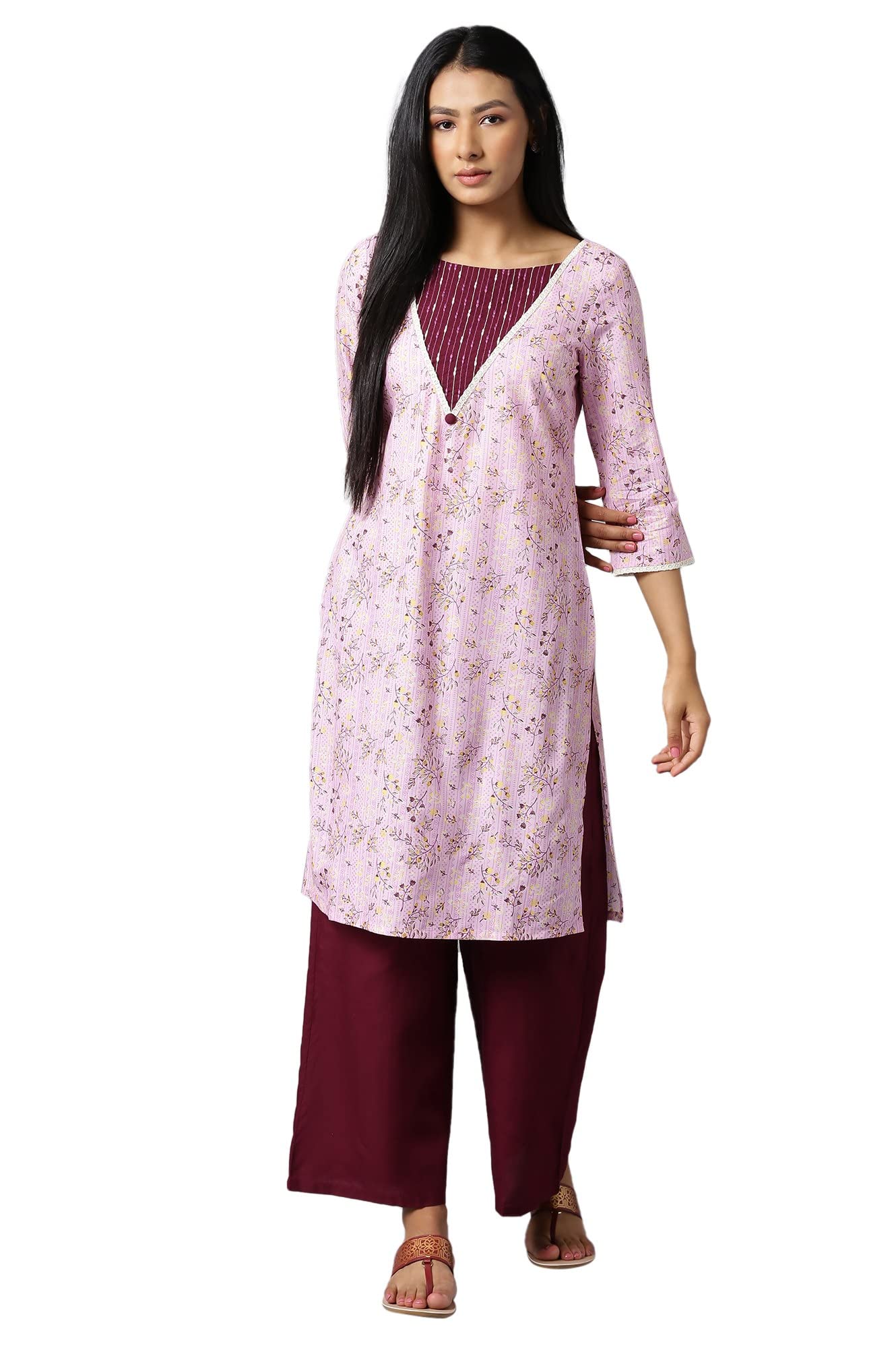 Aure Collection By Aurelia Pink Floral Printed Kurta With Wine Palazzo