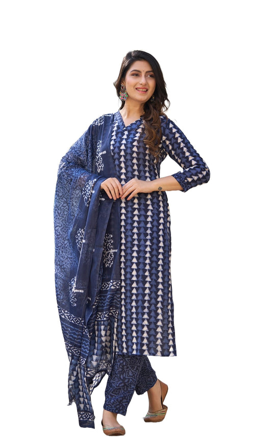 KLOSIA Viscose Women Straight Ikat Printed Kurta And Pant Set With Dupatta | Ethnic Set | Dupatta Set | Suit Set | Kurta Set | Wedding Suit