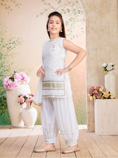 Aarika Girls Ethnic Wear White Colour Sequin Embroidery/Lace Work Georgette Kurti Patiala Set with Dupatta-(3-13 Years)-(PT-1801
